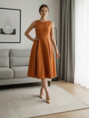 Donna Karan SZ 4 Light Orange Fit & Flare Sleeveless Midi Dress W/Pockets FLAWED
